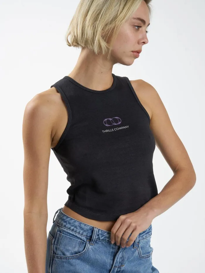 Womens Infinite Reality Hemp Curve Tank Washed Black Thrills Tops and Tees
