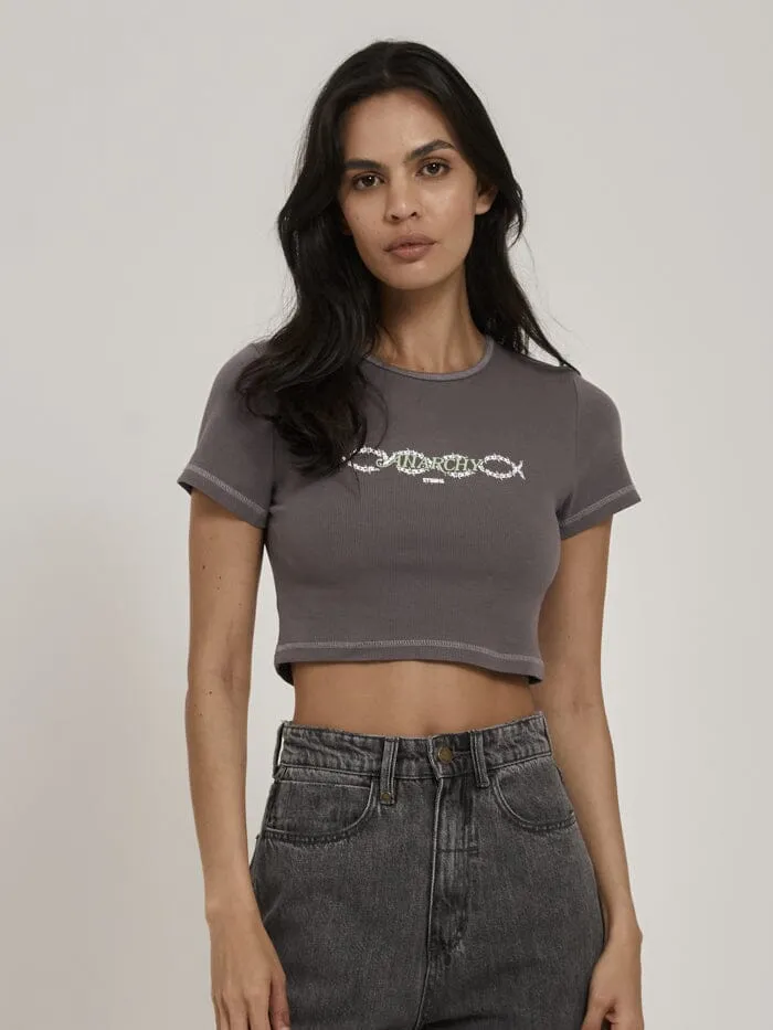 Womens Tribute To Anarchy Crop Baby Tee Graphite Thrills Tops and Tees