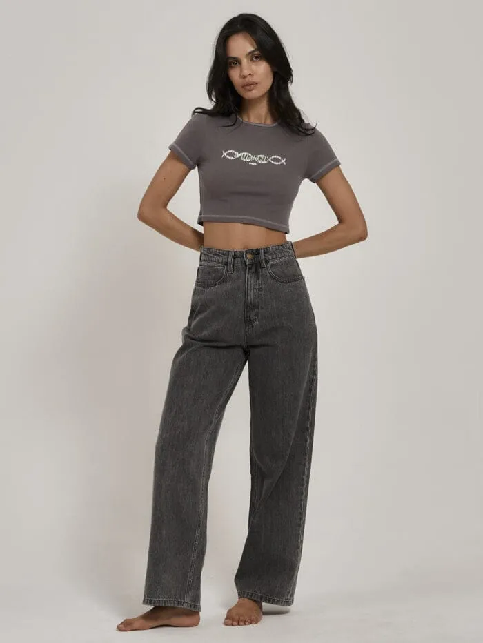 Womens Tribute To Anarchy Crop Baby Tee Graphite Thrills Tops and Tees