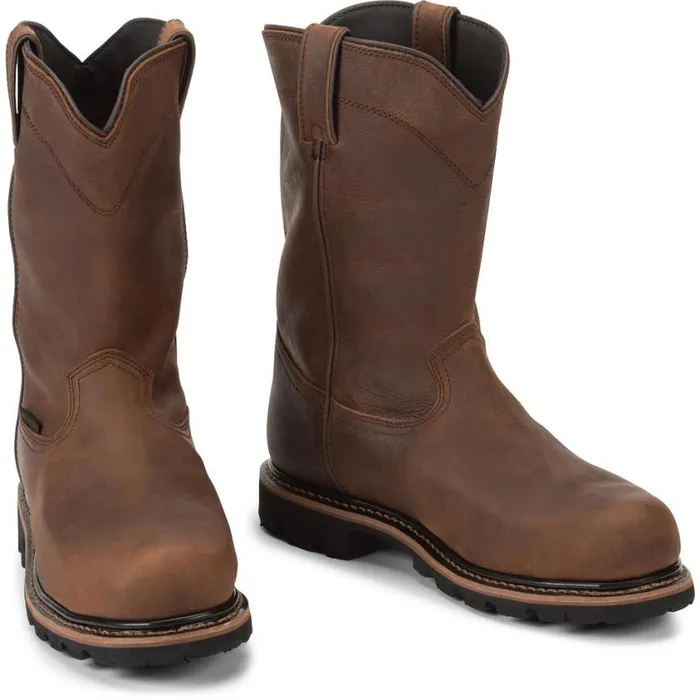 Work Men Justin Boots Pulley 10034 Composite Toe Waterproof Work Boot Brown