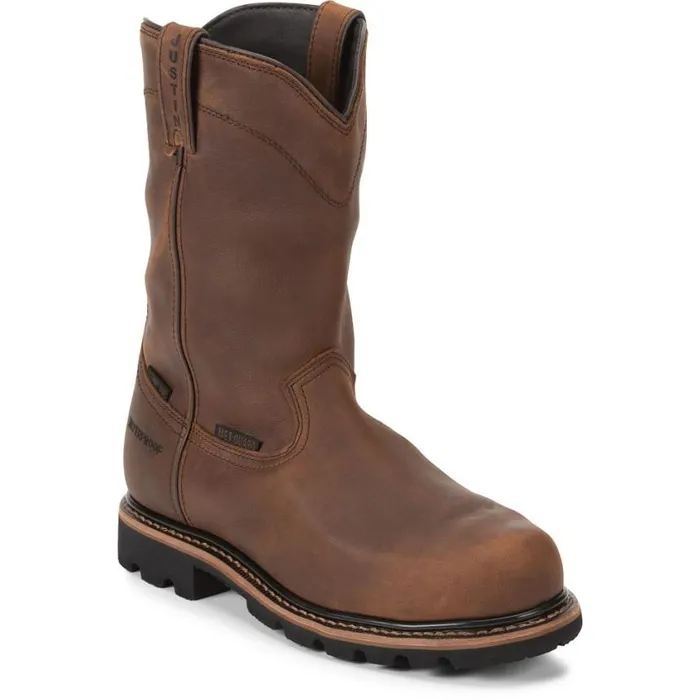 Work Men Justin Boots Pulley 10034 Composite Toe Waterproof Work Boot Brown