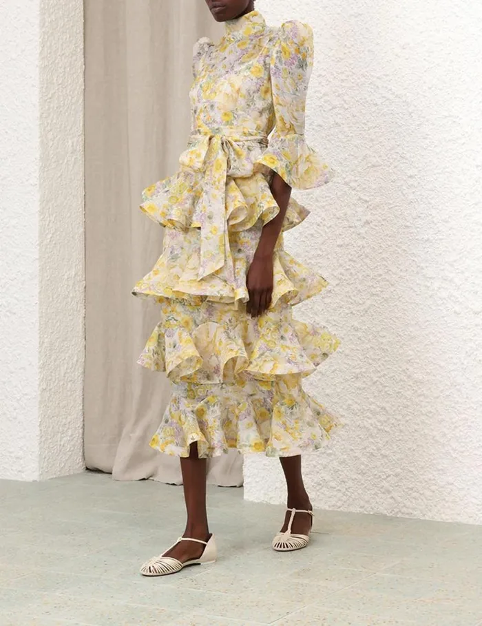 Zimmermann Clothing Harmony Tiered Midi Dress Citrus Garden Print 8211 Women