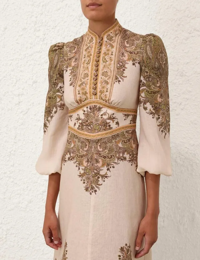 Zimmermann Dresses Natura Buttoned Midi Dress Khaki Paisley 8211 Women