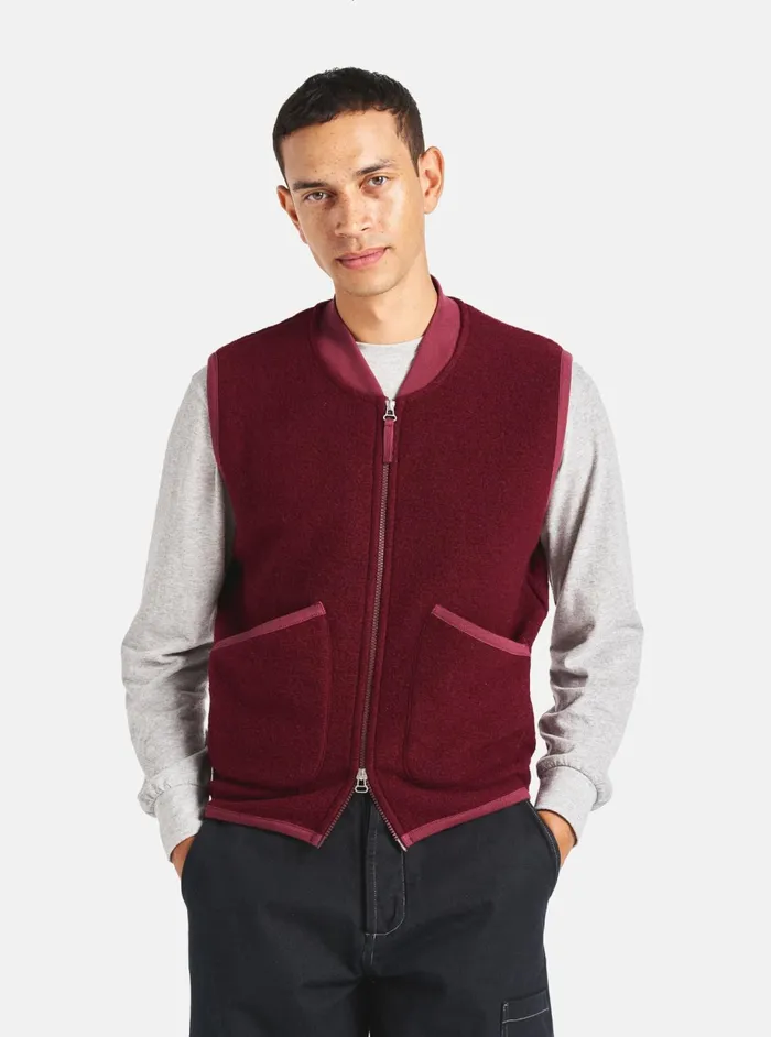 Zip Waistcoat In Deep Red Wool Fleece Men Universal Works Fleece