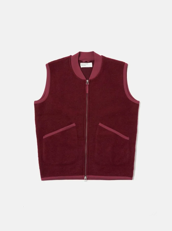 Zip Waistcoat In Deep Red Wool Fleece Men Universal Works Fleece