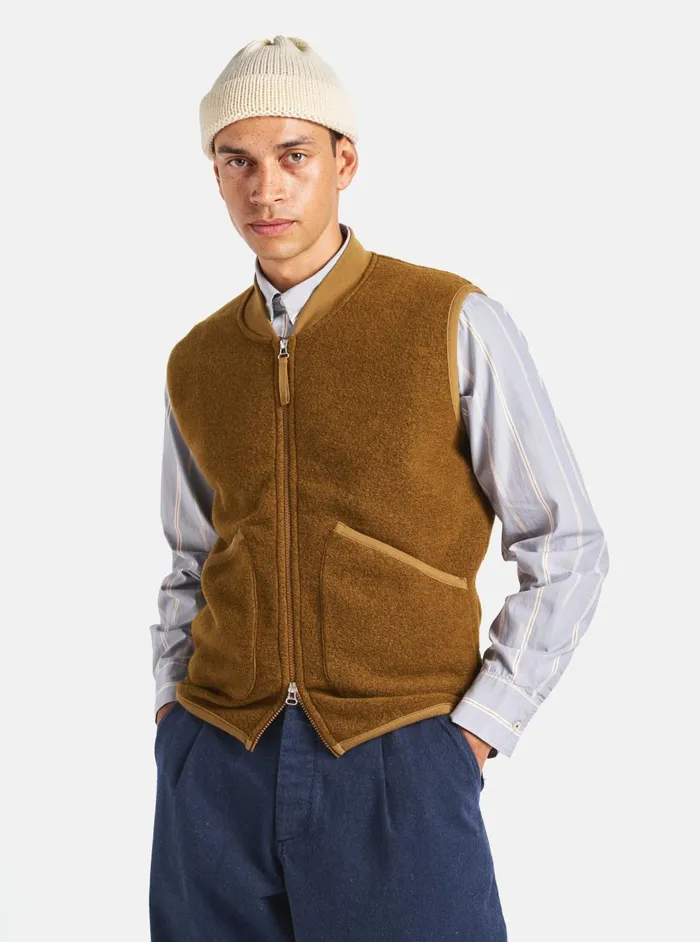 Zip Waistcoat In Mustard Wool Fleece Men Universal Works Fleece
